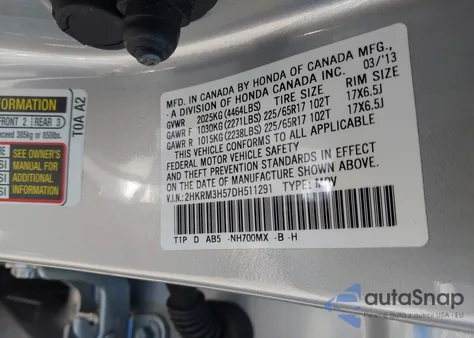 2013 Honda Cr-V Ex z USA, uszkodzony, nr VIN 2HKRM3H57DH511291